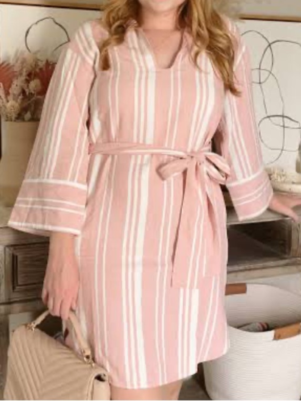 Free Assembly Pink and White Striped Collared Shirt Dress with Waist Tie